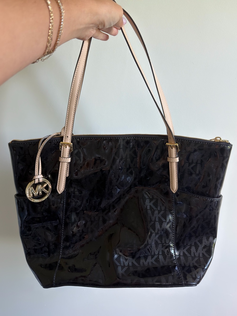 Michael Kors Black Patent Monogram Tote with Light Beige Straps